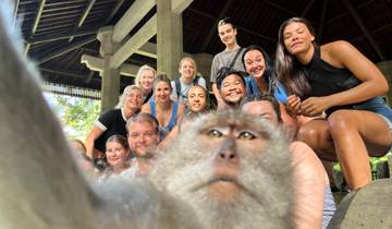 Group photo with a monkey at a temple site.