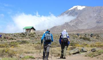 Hikers walking towards a mountain landscape with a small hut.