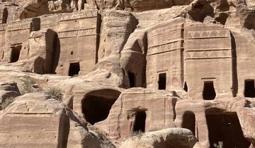 Ancient rock carvings and structures in Petra.