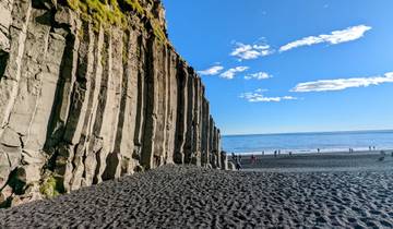 Basalt columns on a black sand beach with ocean view.