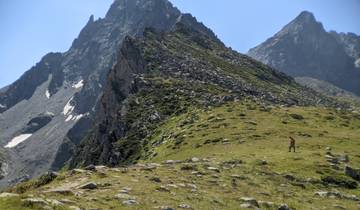 A hiker with a backpack on a grassy ridge with rugged mountains in the background.