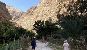 People walking along a mountainous path.