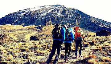 Hikers approaching a mountain peak with backpacks.