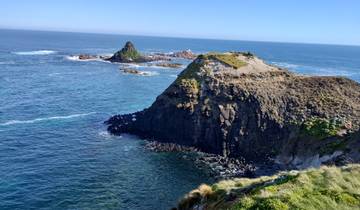 Rocky coastline with ocean and a small island.