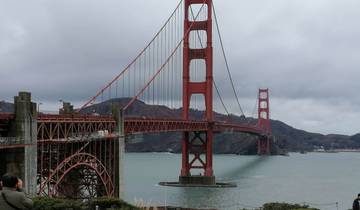 Famous red bridge spanning over a bay.