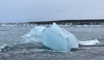 Large icebergs floating in the sea.