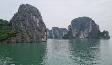 Scenic view of limestone islands in Halong Bay.