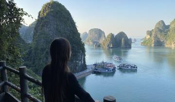 View of Halong Bay with a person overlooking the scene.