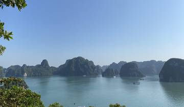 Dramatic view of limestone islands in Halong Bay.