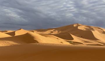 Vast sand dunes under a cloudy sky.