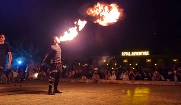 Fire performance at night with audience in the background.