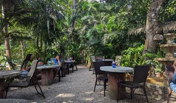 Outdoor cafe with tables and chairs, surrounded by greenery.