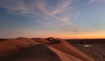 Desert landscape with sand dunes at sunset.