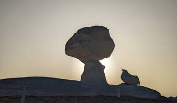 A rock formation resembling a mushroom with a sunset backdrop.