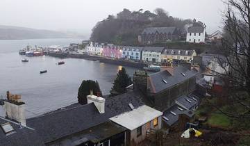 Seaside village with colorful houses along the waterfront.