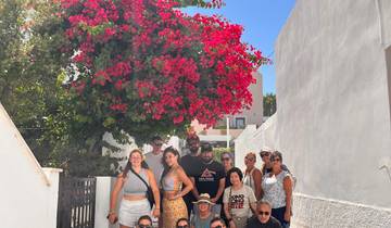 A group of people sitting and standing around a vibrant bougainvillea bush.