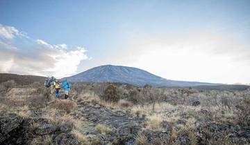 Hikers walking towards a large mountain in the distance.