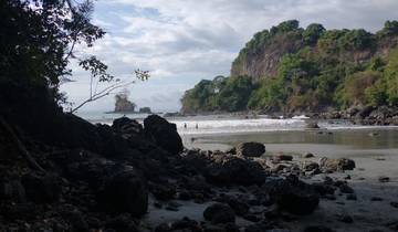 Coastal beach scene with rocky formations and people swimming.