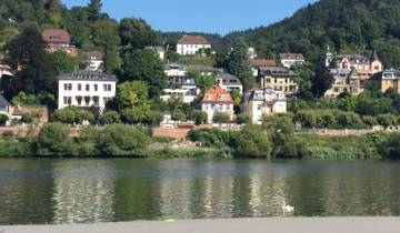 Riverside view with historical buildings and greenery.