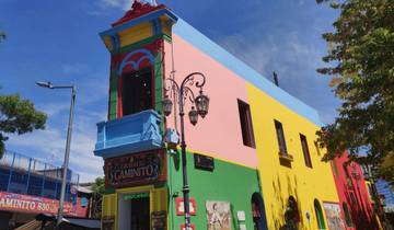 Colorful building with vivid paint and signs.