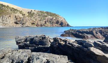 Rocky coastline with clear blue water and sunny sky.