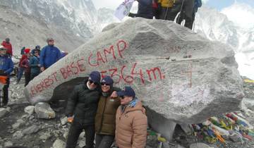 Group of hikers posing by the Everest Base Camp rock.