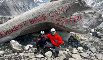 Two people posing in front of the Everest Base Camp rock.