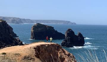 Two people standing on a cliff with rocky formations and ocean view.