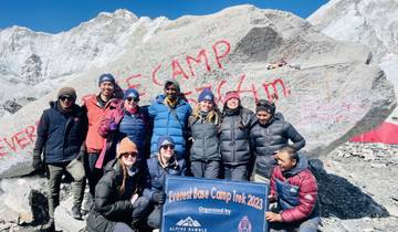 Group photo at Everest Base Camp with stone marker.