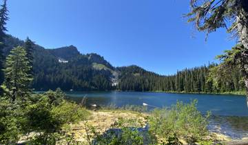 Beautiful mountain lake surrounded by forested mountains under a clear blue sky.
