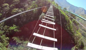 Suspension bridge over lush green valley.
