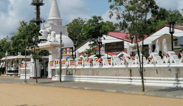 Buddhist temple exterior with flags and statues.