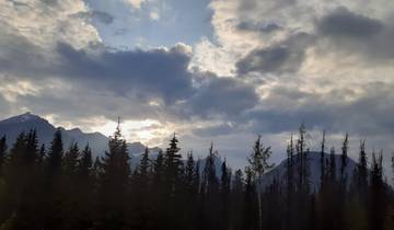 Forest landscape with mountains and dramatic clouds.