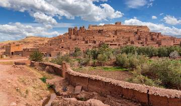 Ancient clay city with palm trees under a blue sky