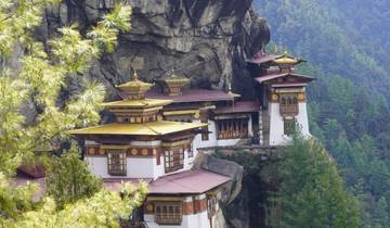 The famous Tiger's Nest Monastery in Bhutan's mountains.
