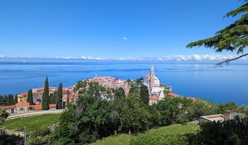 Panoramic view of Piran coast and Adriatic Sea.