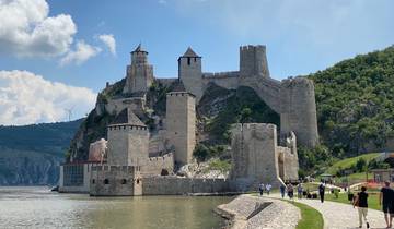 Large fortress with towers, surrounded by a river and greenery.