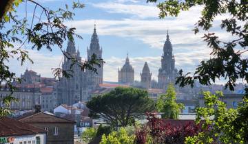 Skyline of Santiago de Compostela with prominent cathedral spires.
