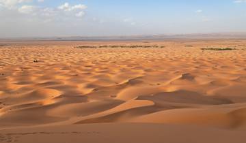 Expansive view of sand dunes under a blue sky.
