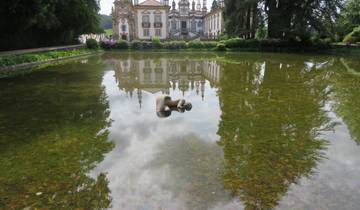 Reflection of a historic building in a pond.