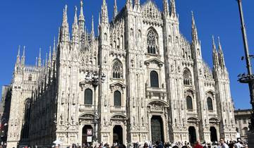 Detailed view of the facade of the Milan Cathedral.