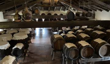 Barrels aging in a traditional cellar