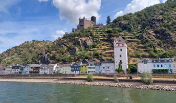 Riverfront homes and castle on a hill.