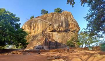 Sigiriya Rock Fortress with a staircase and trees under the clear sky.