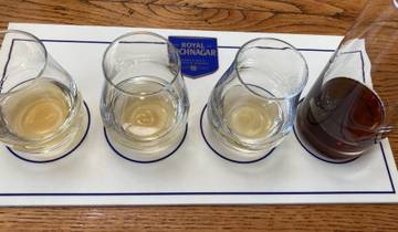 Four glasses of whisky on a tasting mat.