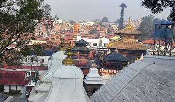 View of a temple complex with cityscape in the background.