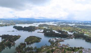 Aerial view of a landscape with lakes and small islands.