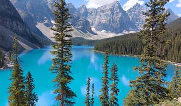 Turquoise glacial lake surrounded by pine trees and mountains.