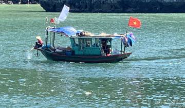 Traditional boat on the water with an island in the background.