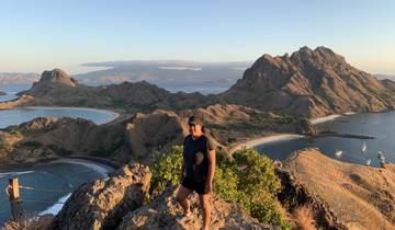 A person standing on a hill with dramatic coastal landscapes and islands.